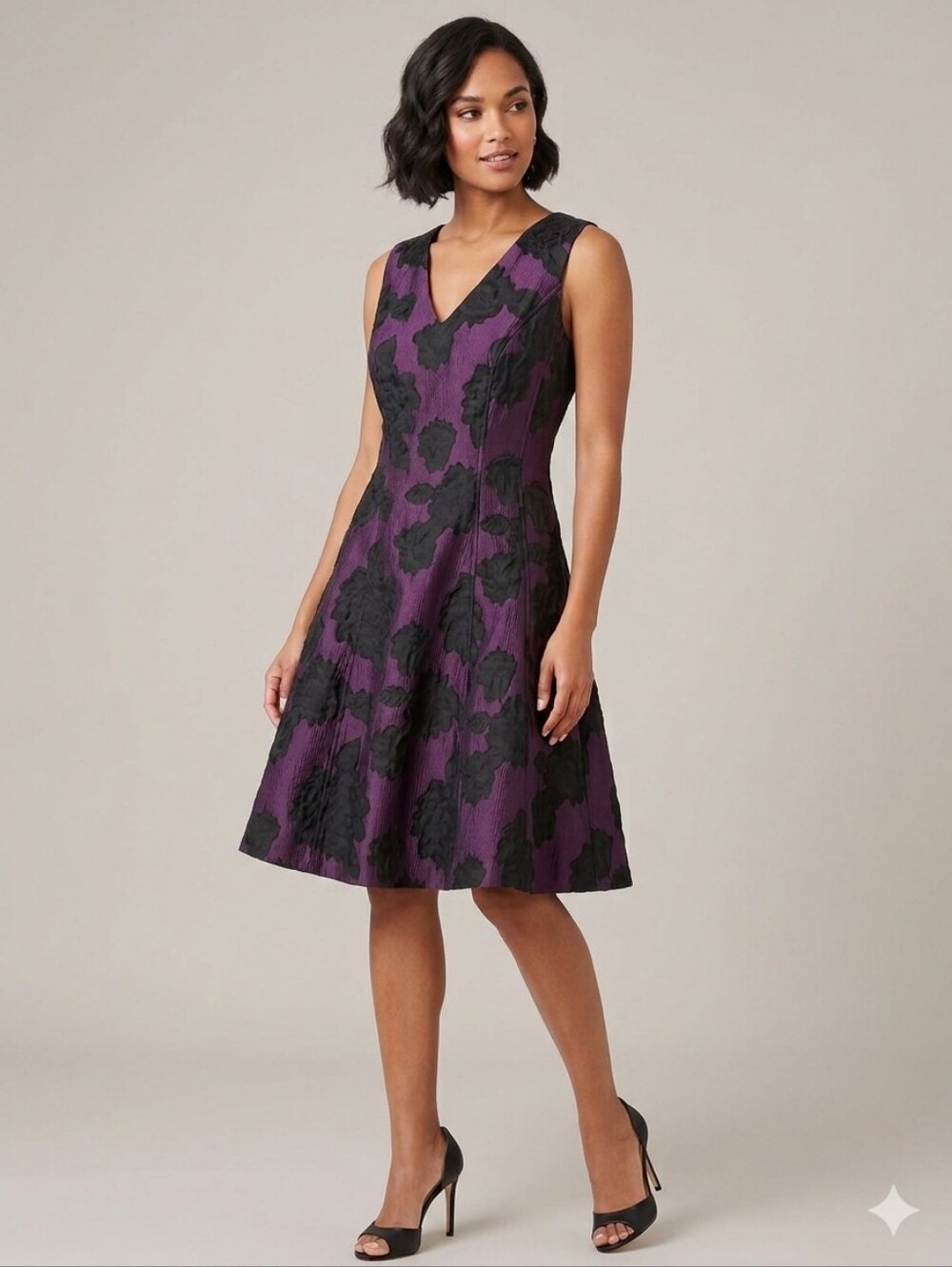 DKNY Floral Jacquard Dress Purple Black Fit Flare V-Neck Cocktail Party 4